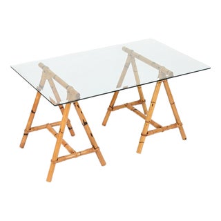 Mid-Century Trestle Desk in Bamboo and Rattan from Vivai del Sud, Italy, 1970s, Set of 2 For Sale