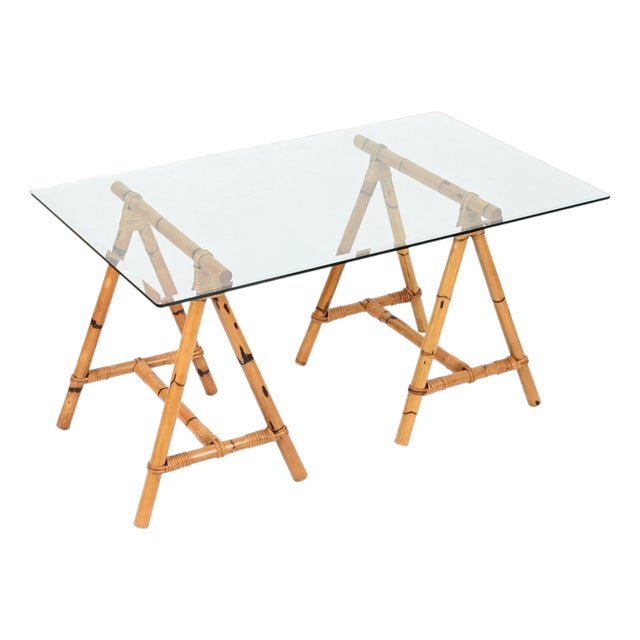 Mid-Century Trestle Desk in Bamboo and Rattan from Vivai del Sud, Italy, 1970s, Set of 2 For Sale
