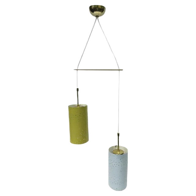 Pendant in Brass and Yellow and Light Blue Lacquered Metal, 1950s For Sale