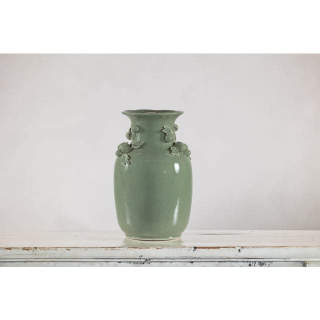Ceramic Celadon Green Glazed Ceramic Vase with Applied Fruit and Leaf Detail For Sale - Image 7 of 12