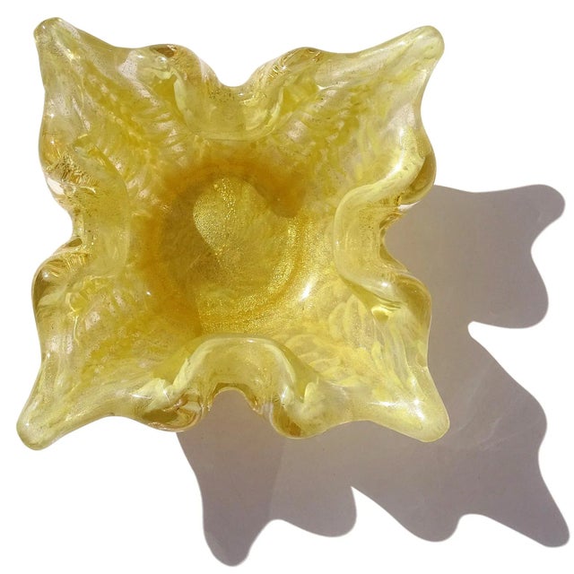 Barovier & Toso Vintage Murano Barovier Toso Yellow Gold Flecks Control Bubbles Italian Art Glass Spike Bowl Ashtray For Sale - Image 4 of 8