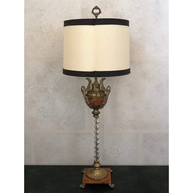 John Richards Twisted Lucite and Faux Burled Walnut Footed Brass Lamp