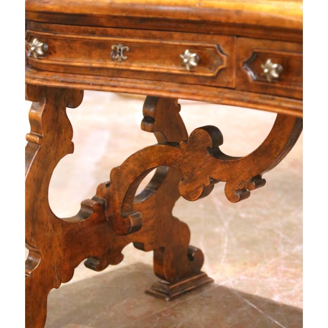 19th C. Spanish Carved Walnut Serpentine Desk With Four Drawers on Trestle Base For Sale - Image 10 of 15