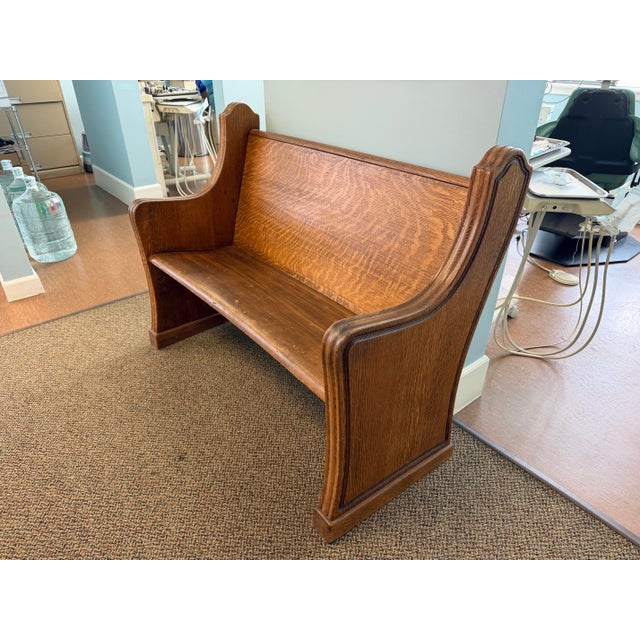 Tiger Oak Antique Carved Church Bench Pew Seating For Sale - Image 4 of 9