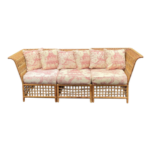 Bielecky Style Wicker Conversion Sofa - 2 Chairs & Ottoman W/ Chinoiserie Toile
