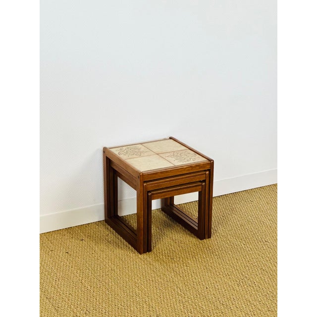 Beige Vintage Teak and Ceramic Nesting Tables, 1960s, Set of 3 For Sale - Image 8 of 15