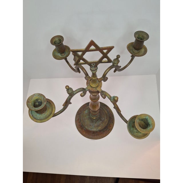 19th C. Polish Bronze Sabbath Candelabrum Star of David Finial Large 18" Rare For Sale - Image 4 of 18