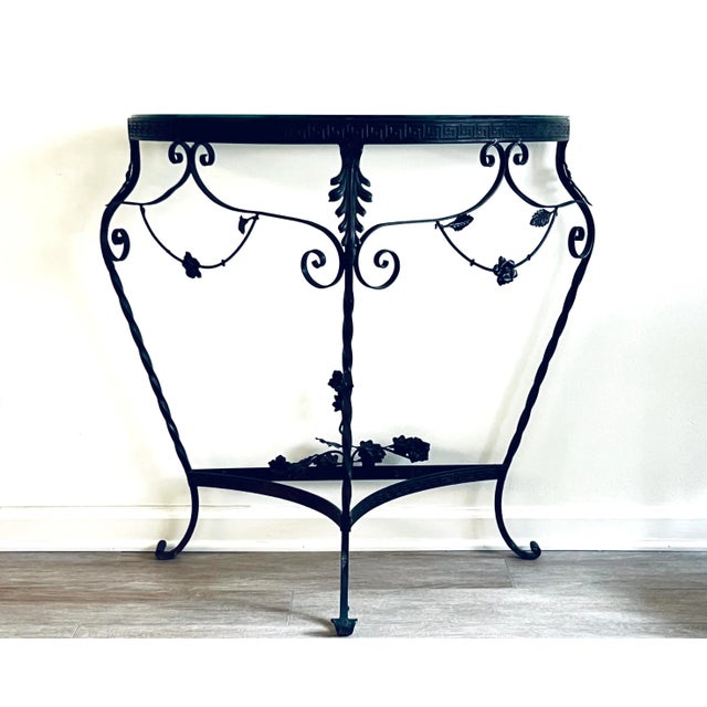 Antique C1920s Italian Wrought Iron Console Demilune Table With Glass Top For Sale - Image 10 of 10