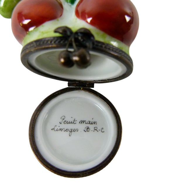 Limoges France Porcelain Plump Red Cherries Trinket Box | Hand Painted by the b.r.c. Studio. For Sale - Image 10 of 10
