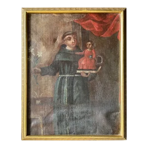 Antique Mexican Oil on Canvas Painting of Saint Anthony