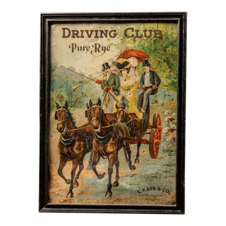 Framed Pre-Prohibition "Driving Club" Rye Whiskey Tin Litho Sign For Sale