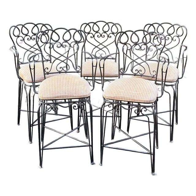 Late 20th Century Solid Wrought Iron Swivel Counter Stools - Set of 5 For Sale