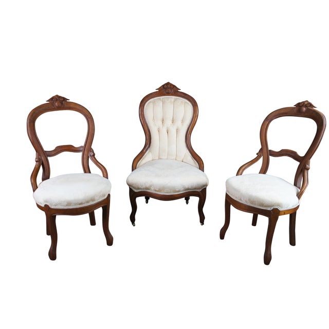Traditional 3 Antique Victorian Renaissance Revival Carved Walnut Upholstered Parlor Chairs For Sale - Image 3 of 14