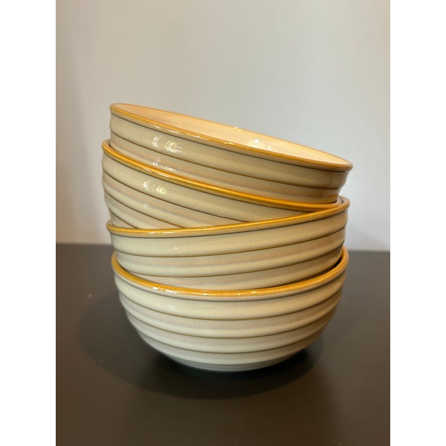 Set of 4 Vintage Dansk Reactic Khaki Soup & Cereal Bowls – Mid-Century Modern Ribbed Stoneware Dinnerware, Made in Japan...