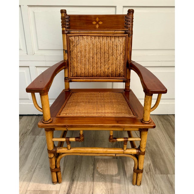Brown Vintage Bamboo, Rattan & Wood Lounge Chairs With Ottoman, Set of 3 For Sale - Image 8 of 18