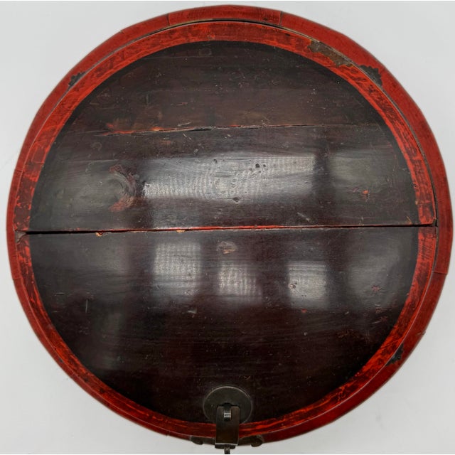 Wood Antique Asian Red Lacquered Wood Covered Rice Bowl With Metal Hardware For Sale - Image 7 of 10