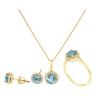 10K Yellow Gold Blue Topaz and 3/8 Cttw Diamond Halo Jewelry Set (Earrings, Pendant & Ring) For Sale