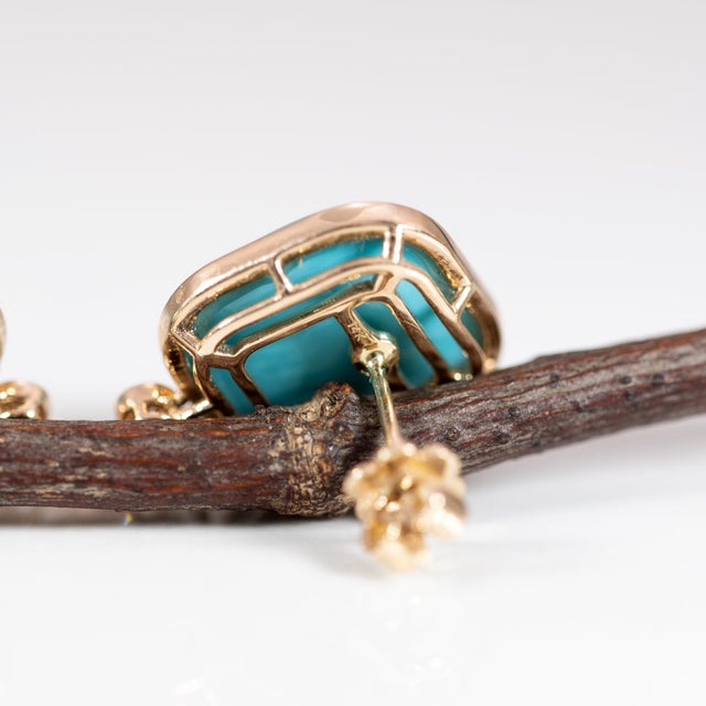 14Ct Sleeping Beauty Turquoise Stud Earrings With Natural Diamonds: 14k Gold, Pair For Sale In Columbus - Image 6 of 6