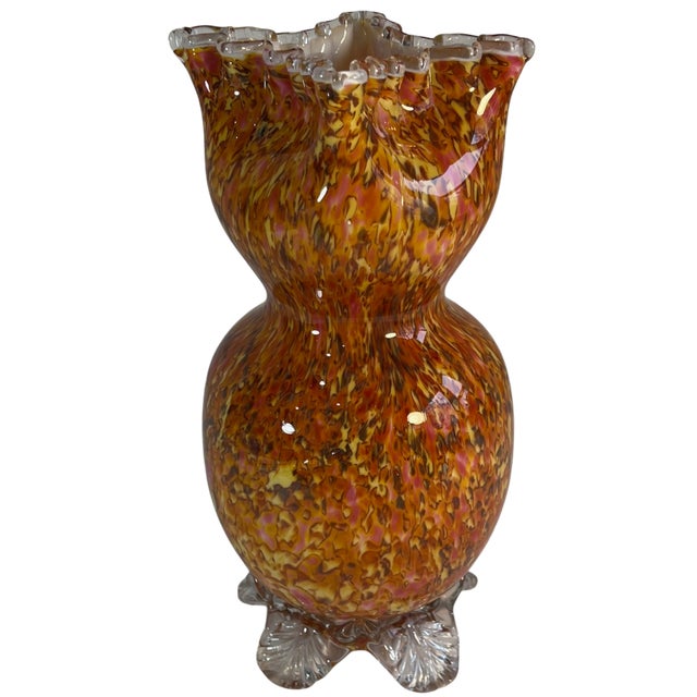Antique Franz Welz Style Art Glass Orange Confetti Vase With Crimped Lip For Sale - Image 17 of 18