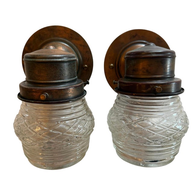 Mid 20th Century Outdoor Wall Sconces With Diamond Glass Pattern - a Pair For Sale In Los Angeles - Image 6 of 6