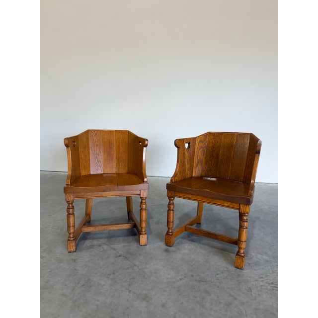 Pair of Dutch Colonial Style Vintage Oak Barrel Back Chairs For Sale In Tampa - Image 6 of 12