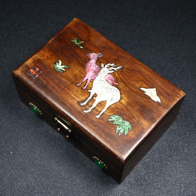 Wood Vintage Chinese Rosewood Jewelry Box With Mother-of-Pearl Deer Inlay & Jade Clasp For Sale - Image 7 of 7