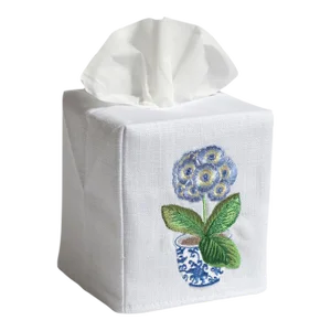 Potted Primrose (Blue) Tissue Box Cover White Linen & Cotton, Embroidered