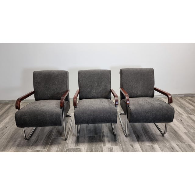 Tubular Armchair by Anton Lorenz for Ton, Set of 3 For Sale - Image 4 of 14
