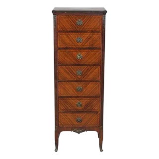 1900-1909 Petite French Louis XVI Parquetry Seven-Drawer Semainier With Marble Top For Sale