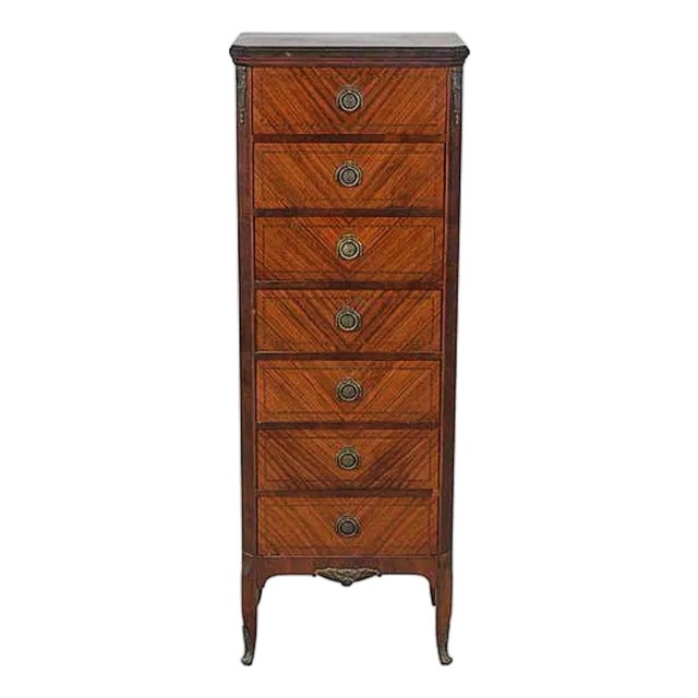 1900-1909 Petite French Louis XVI Parquetry Seven-Drawer Semainier With Marble Top For Sale