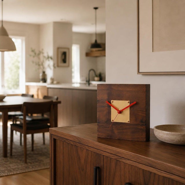 Late 20th Century Solid Walnut Desk Clock With Brass Center Plate For Sale - Image 9 of 12