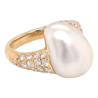 Mikimoto 18k Yellow Gold Diamond Pearl Ring - Size 4 For Sale