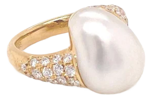 Mikimoto 18k Yellow Gold Diamond Pearl Ring - Size 4