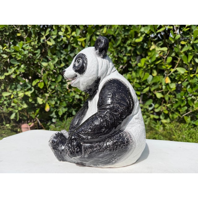 Vintage Large Crackle Glazed Seated Panda Ceramic Sculpture For Sale - Image 10 of 12
