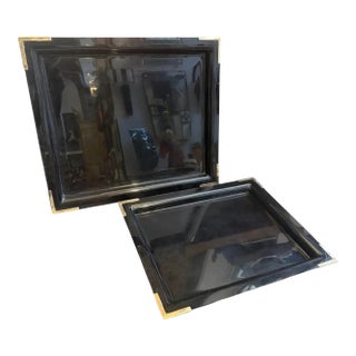Set of Two 1970s Mid-Century Modern Black Lucite and Brass Barware Trays For Sale