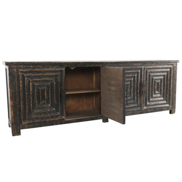 Asian Distressed Black Square Pattern Sideboard For Sale - Image 3 of 7