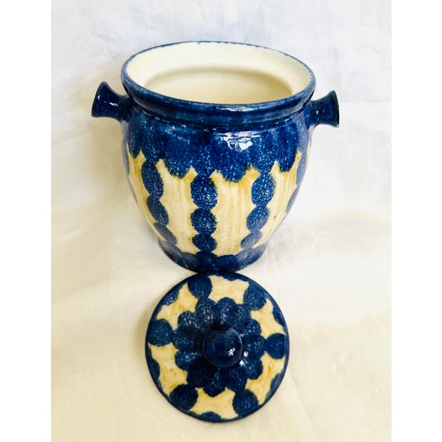 Ebeling & Reuss Blue/Tan Patterned Stoneware Canister/Pot. Use in kitchen for sugar or flour or just for decoration. Salt...