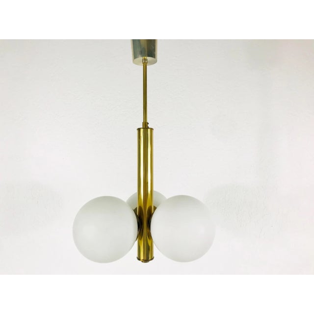 1960s Mid-Century Modern 3-Arm Opaline Glass and Brass Pendant Lamp by Kaiser, Germany For Sale - Image 10 of 10
