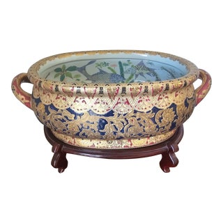 M8d Century Chinese Export Type Porcelain Two Handled Foot Basin on Wood Stand For Sale