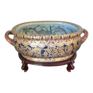 M8d Century Chinese Export Type Porcelain Two Handled Foot Basin on Wood Stand