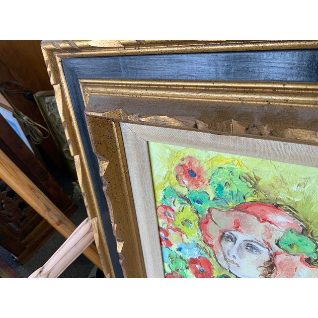 Yellow Late 20th Century Oil Painting Woman With Red Hat For Sale - Image 8 of 12