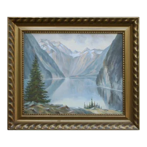 1940s Reflecting Mountains Norwegian Landscape Oil Painting, Framed