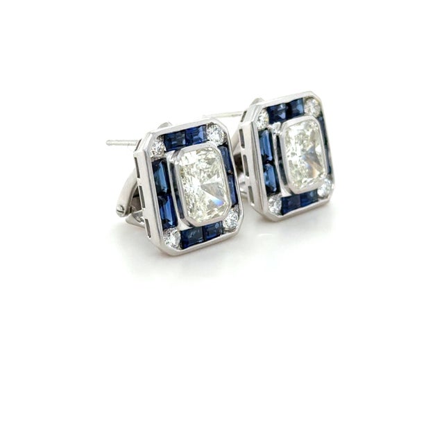 Mid-Century Modern Mid 20th Century 4.34 Carat Radiant Cut Diamond and Sapphire Stud Earrings, Pair For Sale - Image 3 of 9