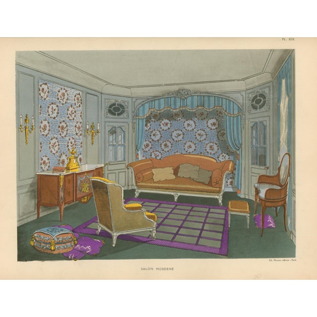 Original French decorative-arts interior plate, Plate XIX, titled Salon Moderne. Published in Paris by Ch. Moreau. Richly...