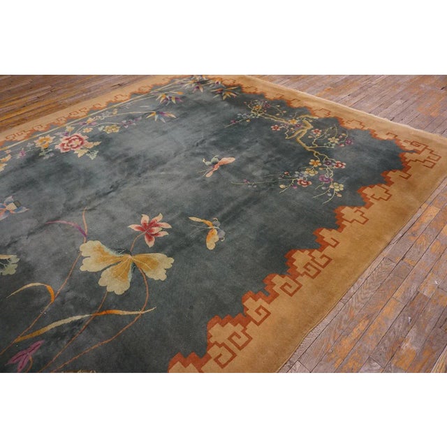 Avocado 1920s Green Floral Modernist Chinese Art Deco Carpet 8'10" X 11'5" Knotted Wool Rug For Sale - Image 8 of 13