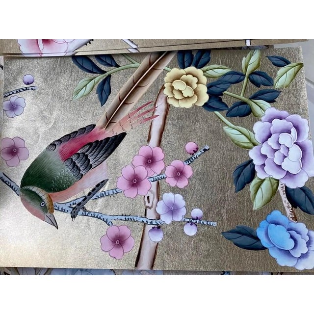 Chinoiserie Luxury Hand Painted Champagne Silver Wallpaper With Birds & Floral Branches, Elegant Chinoiserie Botanical Wall Mural, Custom Oriental Wallcovering For Sale - Image 3 of 8