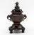 Chinese Patinated Bronze Tripod Censer, together with fitted carved wood base, the cover with foo lion finial, the vessel...