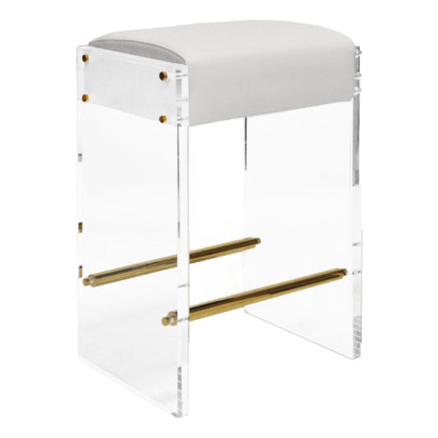 Matthew Izzo Home Indy Acrylic and Brass Counter Stool With White Vinyl Cushion Upholstered Seat For Sale