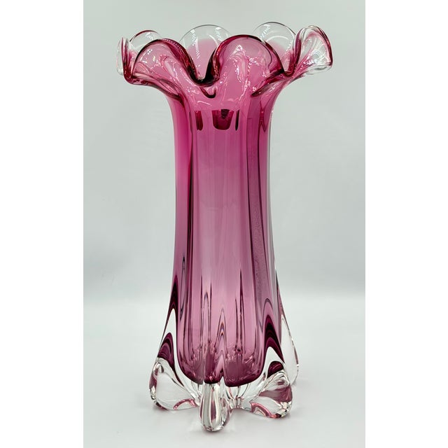 A stunning hand-blown art glass vase designed by Josef Hospodka for Sklárna Chřibská (Rubin Glass), Czechoslovakia, circa...