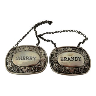Vintage Ianthe Silver Plated "Sherry & Brandy Decanter Labels/Tags Sheffield Made in England S/2 For Sale